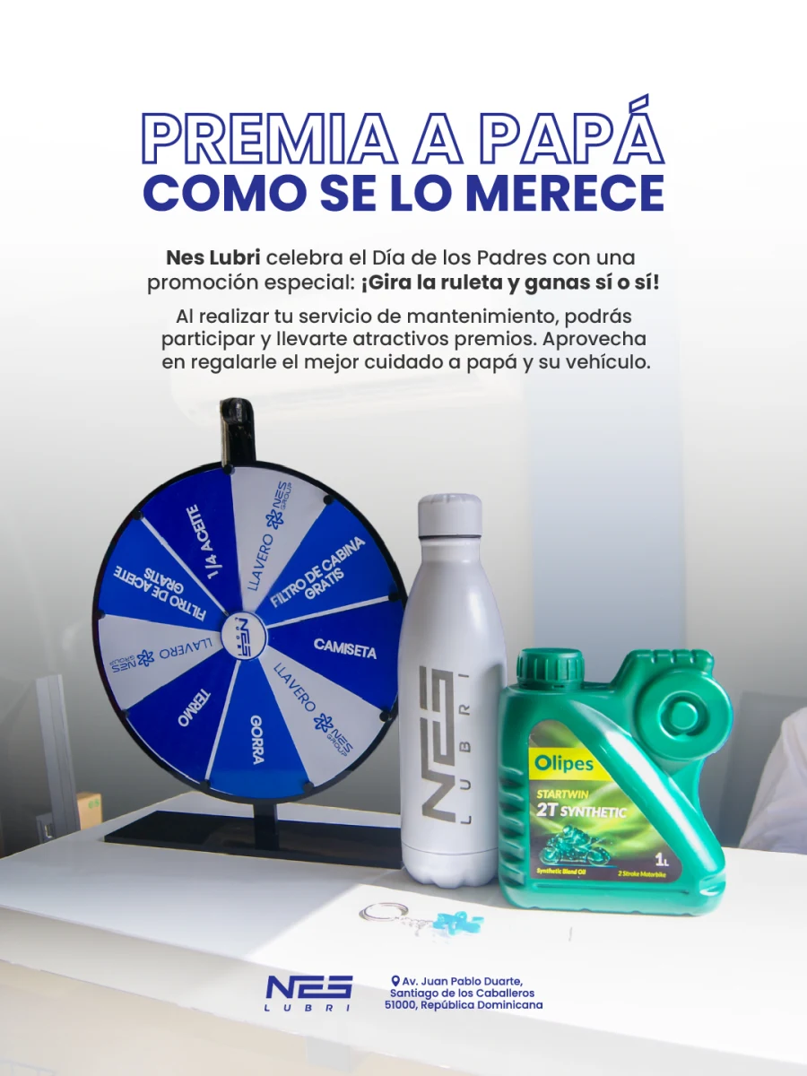 Pieza promocional del Día del Padre de NES Lubri con una ruleta y productos.